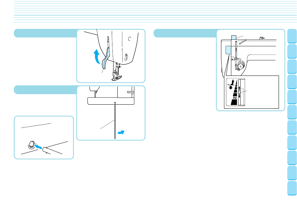 Presser foot lift lever, Knee lift, Pressure adjustment dial | Brother PQ-1500 User Manual | Page 8 / 25