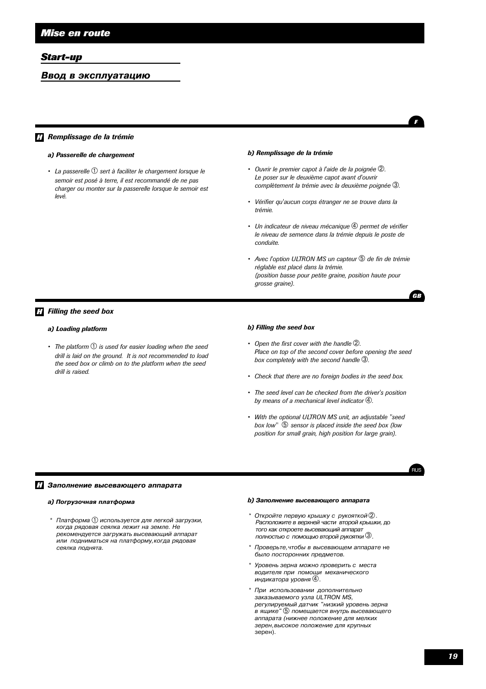 Mise en route start-up, Ввод в эксплуатацию | Sulky Tramline GC User Manual | Page 20 / 79