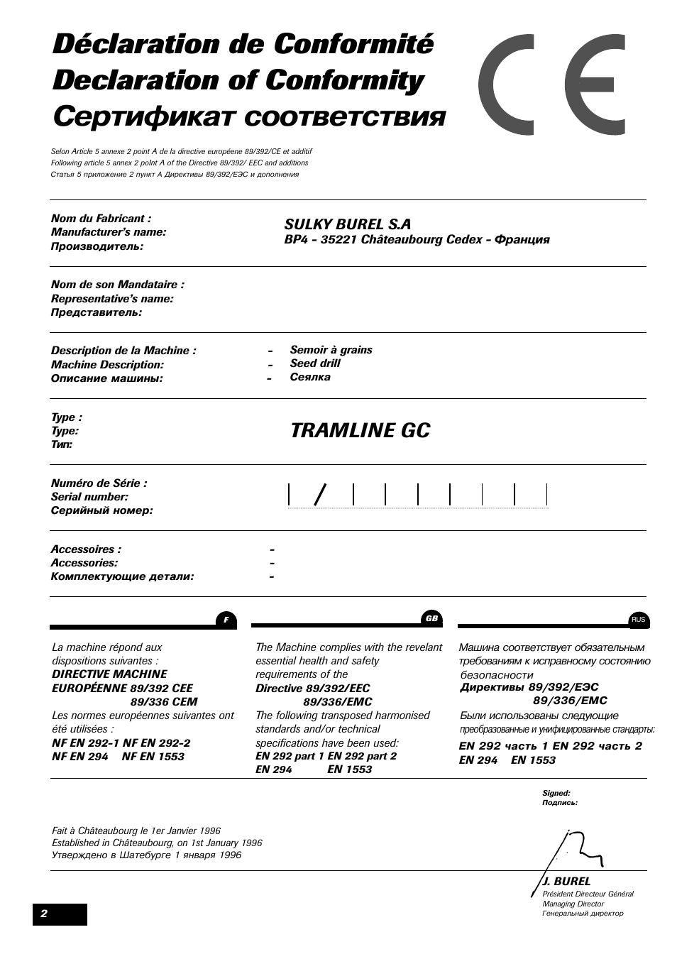 Сертификат соответствия, Tramline gc, Sulky burel s.a | Sulky Tramline GC User Manual | Page 3 / 79