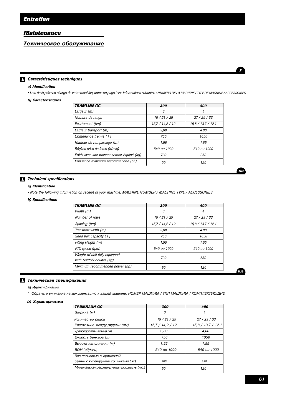 Entretien maintenance, Техническое обслуживание | Sulky Tramline GC User Manual | Page 62 / 79