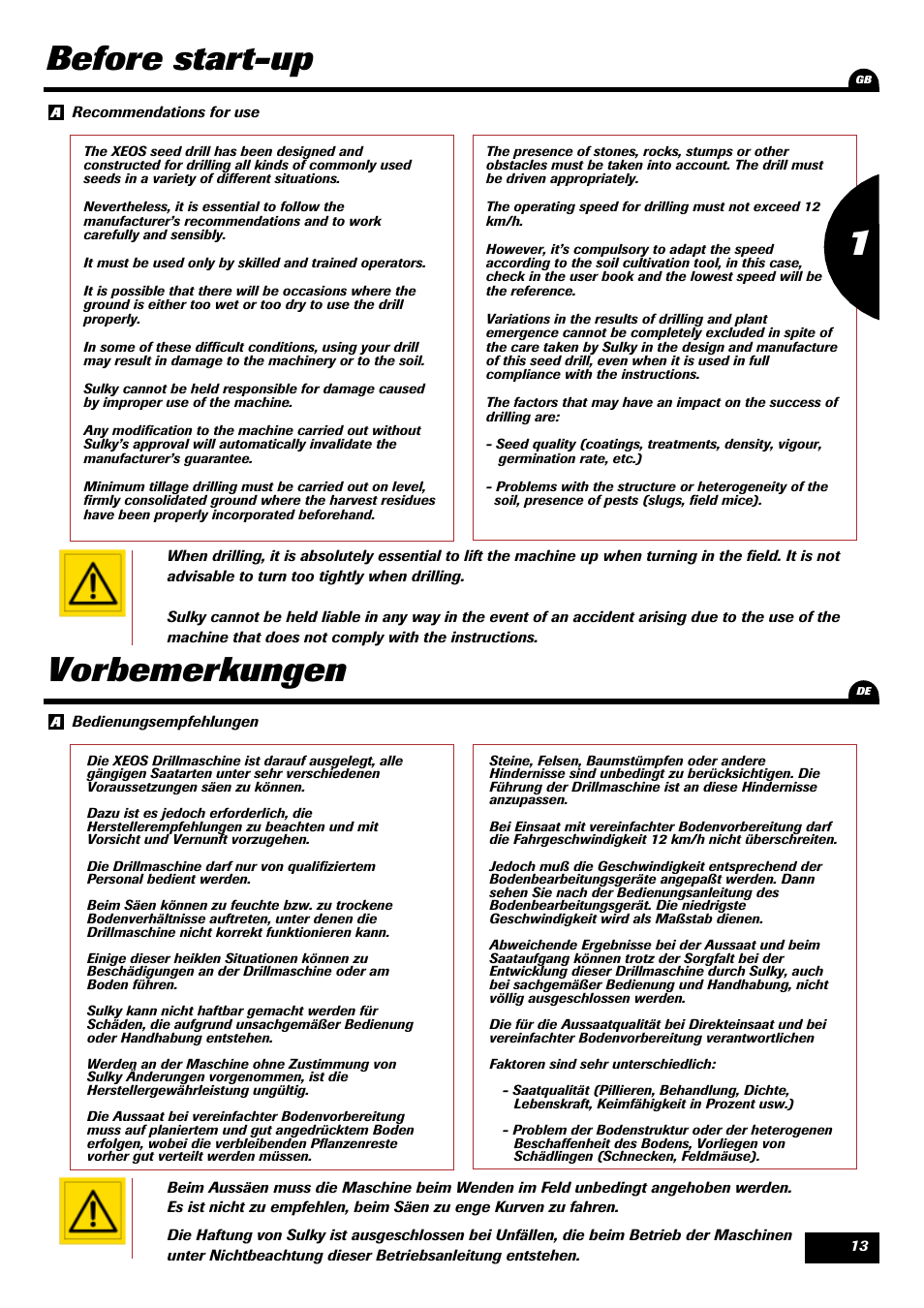 Before start-up, Vorbemerkungen | Sulky Xeos HD User Manual | Page 15 / 87