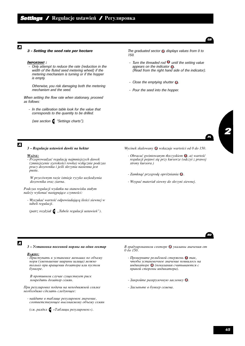 Settings / regulacje ustawień / регулировка | Sulky Xeos HD User Manual | Page 47 / 85