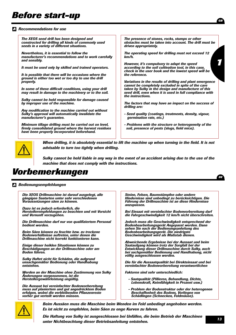 Before start-up, Vorbemerkungen | Sulky Xeos Pro User Manual | Page 15 / 67