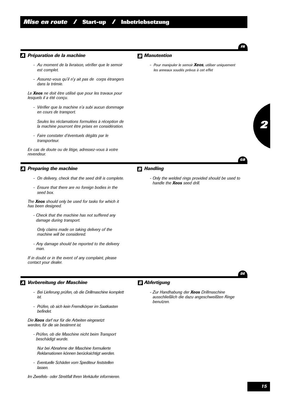 Mise en route, Start-up, Inbetriebsetzung | Sulky Xeos Pro User Manual | Page 17 / 67