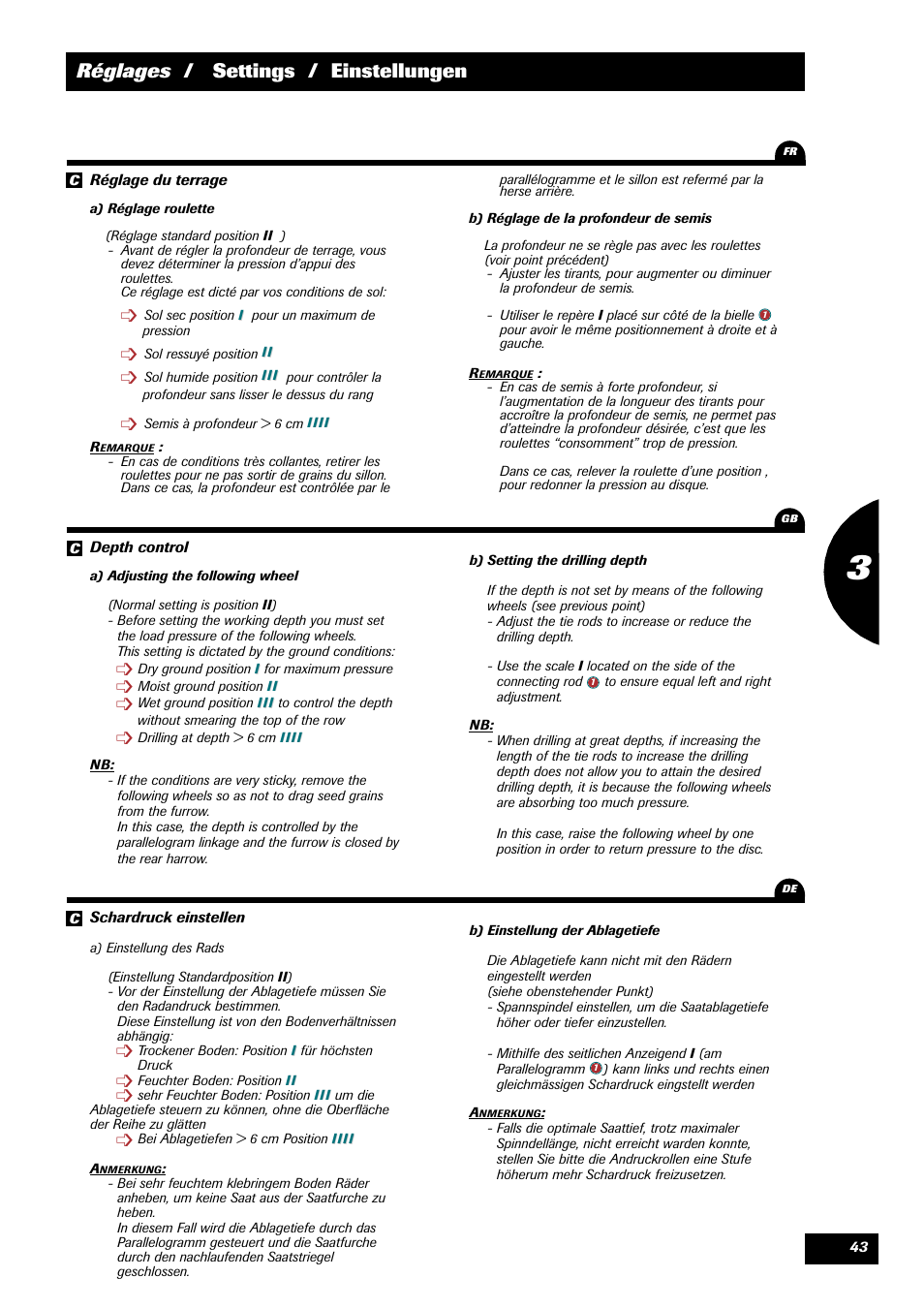 Réglages / settings / einstellungen | Sulky Xeos Pro User Manual | Page 45 / 67