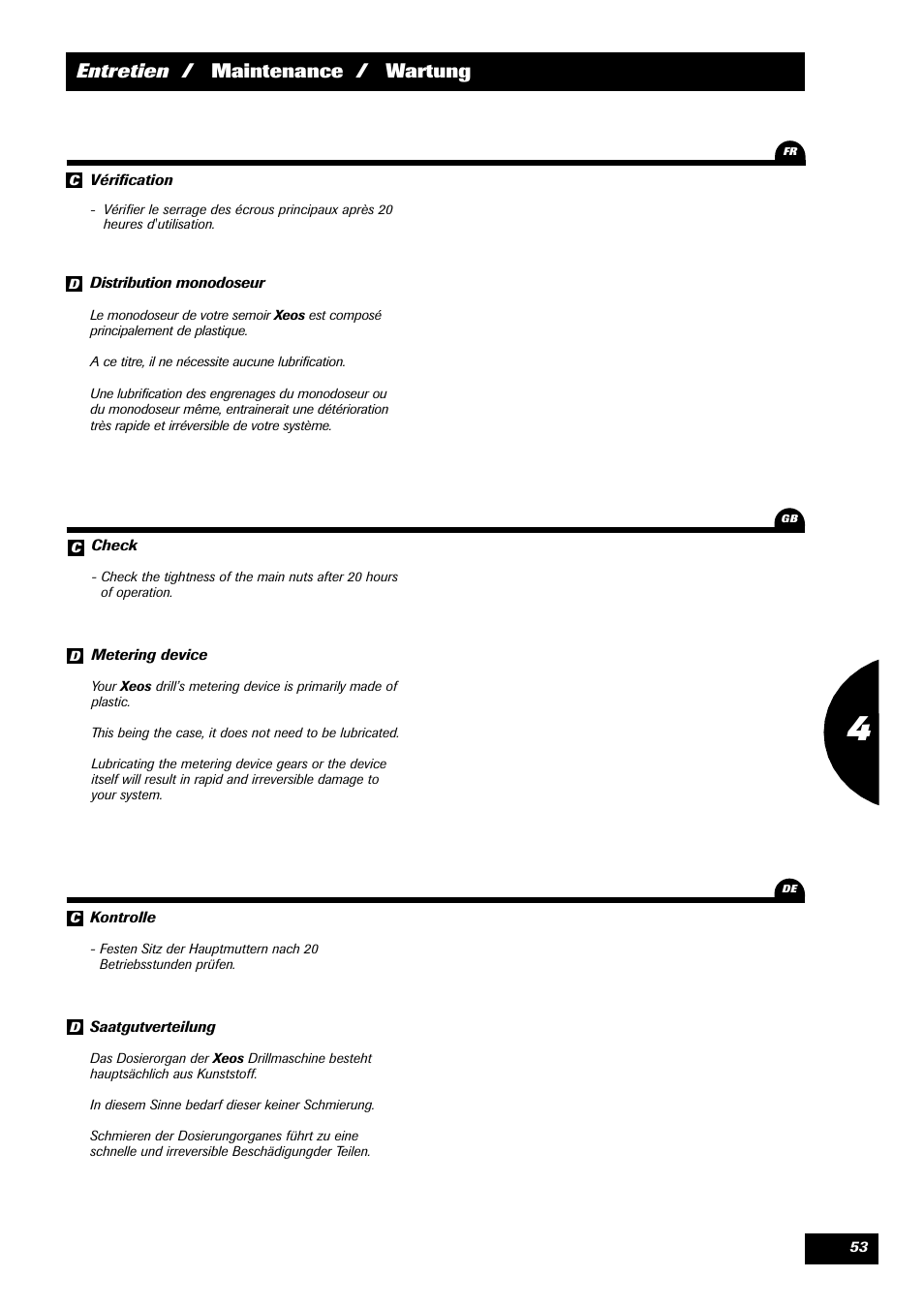 Entretien / maintenance / wartung | Sulky Xeos Pro User Manual | Page 55 / 67