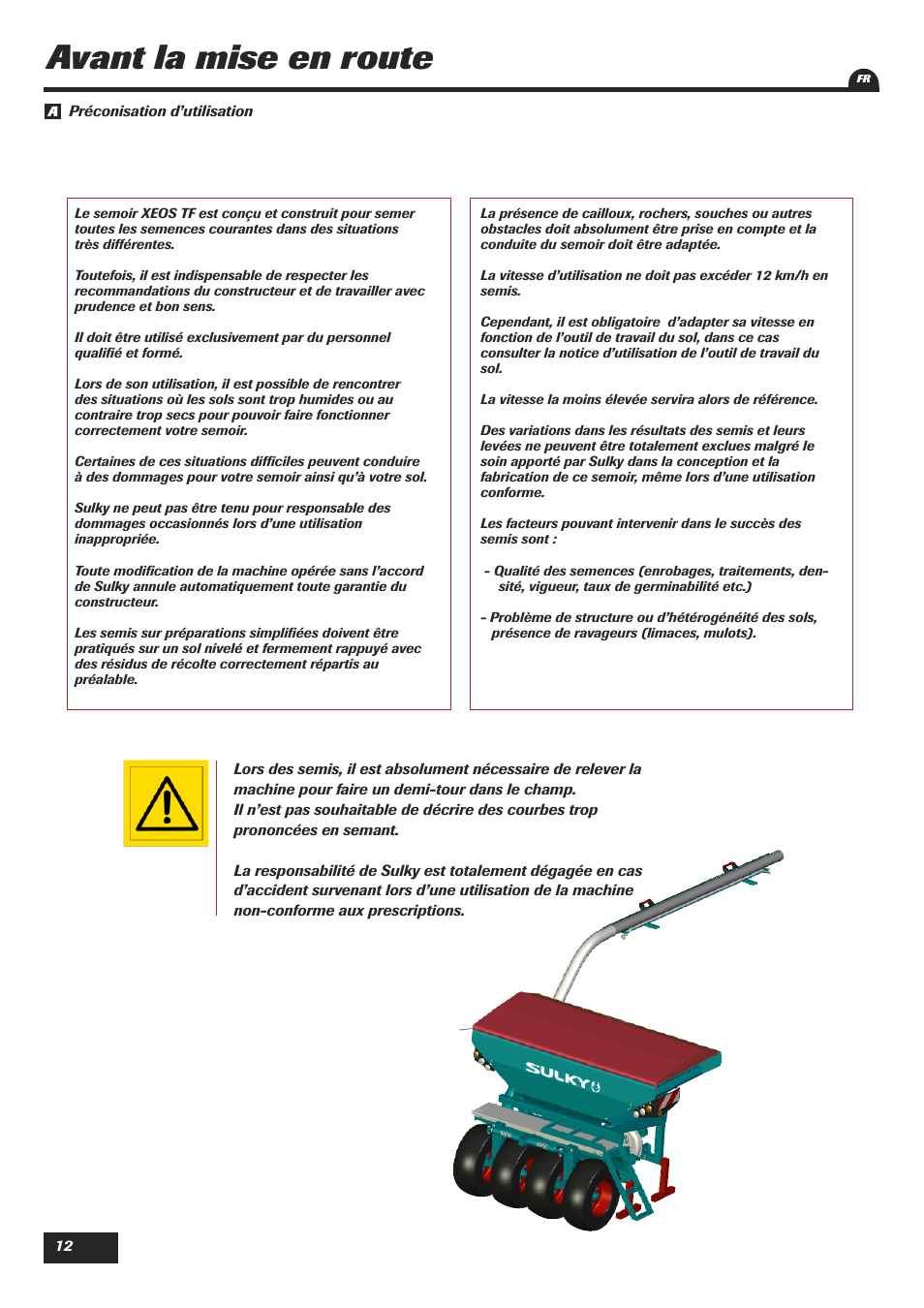 Avant la mise en route | Sulky XEOS TF User Manual | Page 14 / 91