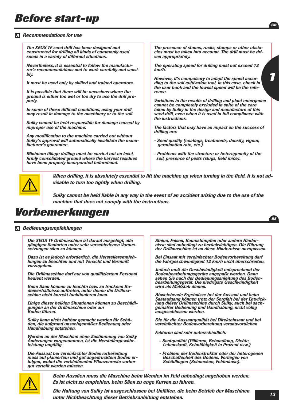 Before start-up, Vorbemerkungen | Sulky XEOS TF User Manual | Page 15 / 91