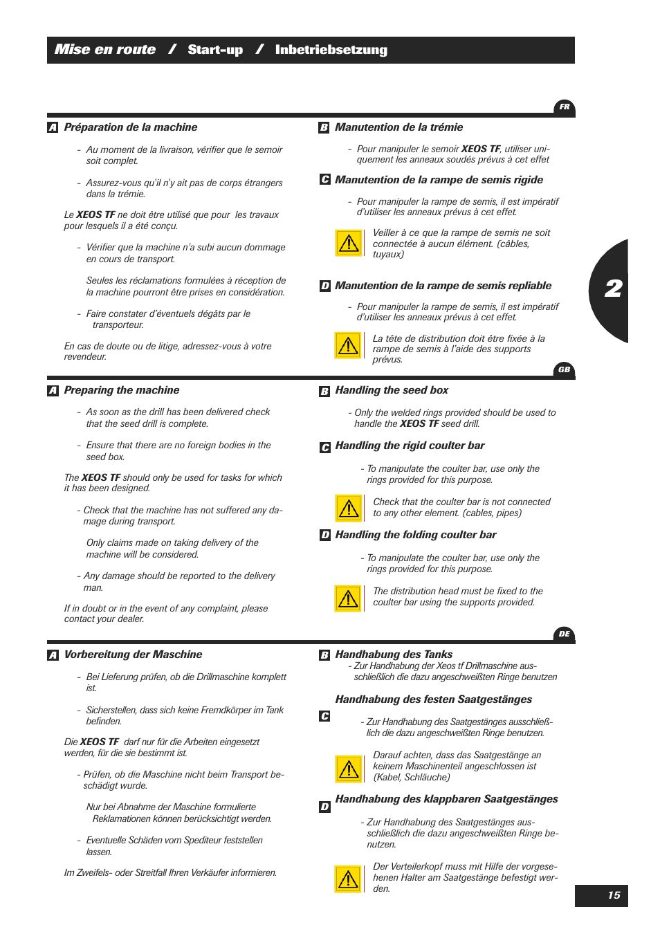 Mise en route, Start-up, Inbetriebsetzung | Sulky XEOS TF User Manual | Page 17 / 91