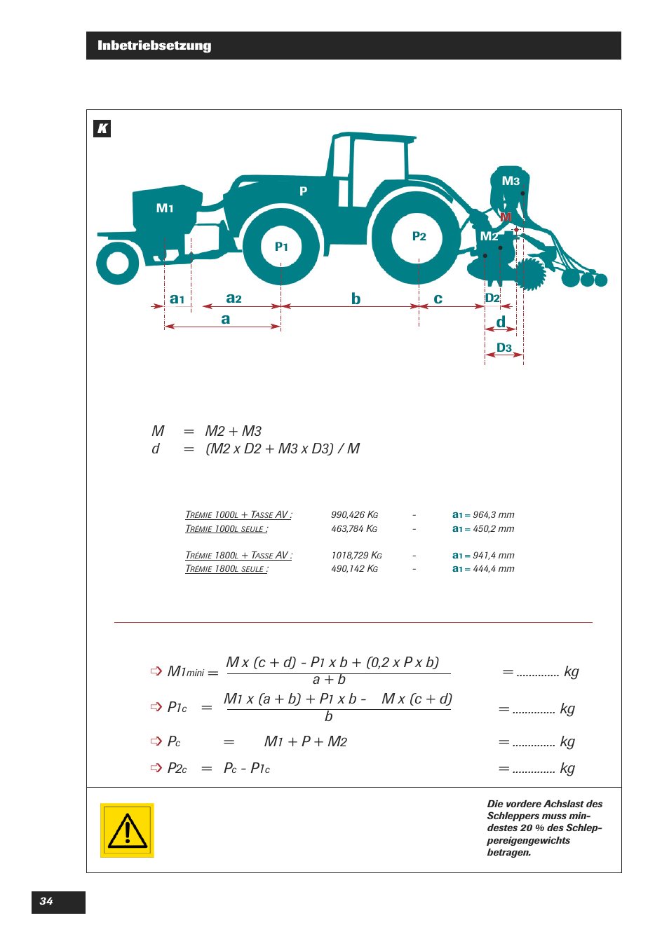 M x (c + d) - p, X b + (0,2 x p x b) = .............. kg a + b ³ p, X (a + b) + p | X b - m x (c + d) = .............. kg b ³ p, P + m, Kg ³ p | Sulky XEOS TF User Manual | Page 36 / 91
