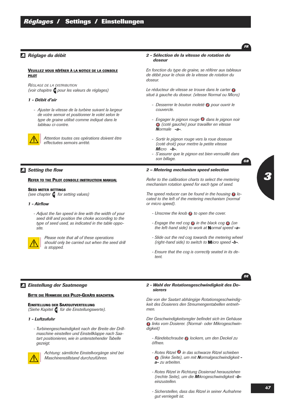 Réglages / settings / einstellungen | Sulky XEOS TF User Manual | Page 49 / 91