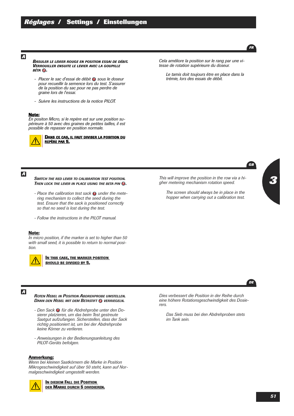 Réglages / settings / einstellungen | Sulky XEOS TF User Manual | Page 53 / 91