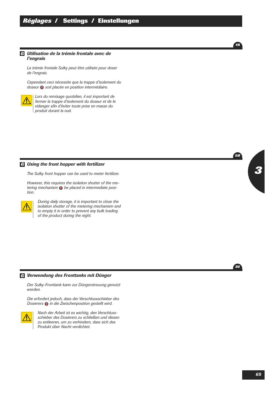 Réglages / settings / einstellungen | Sulky XEOS TF User Manual | Page 67 / 91