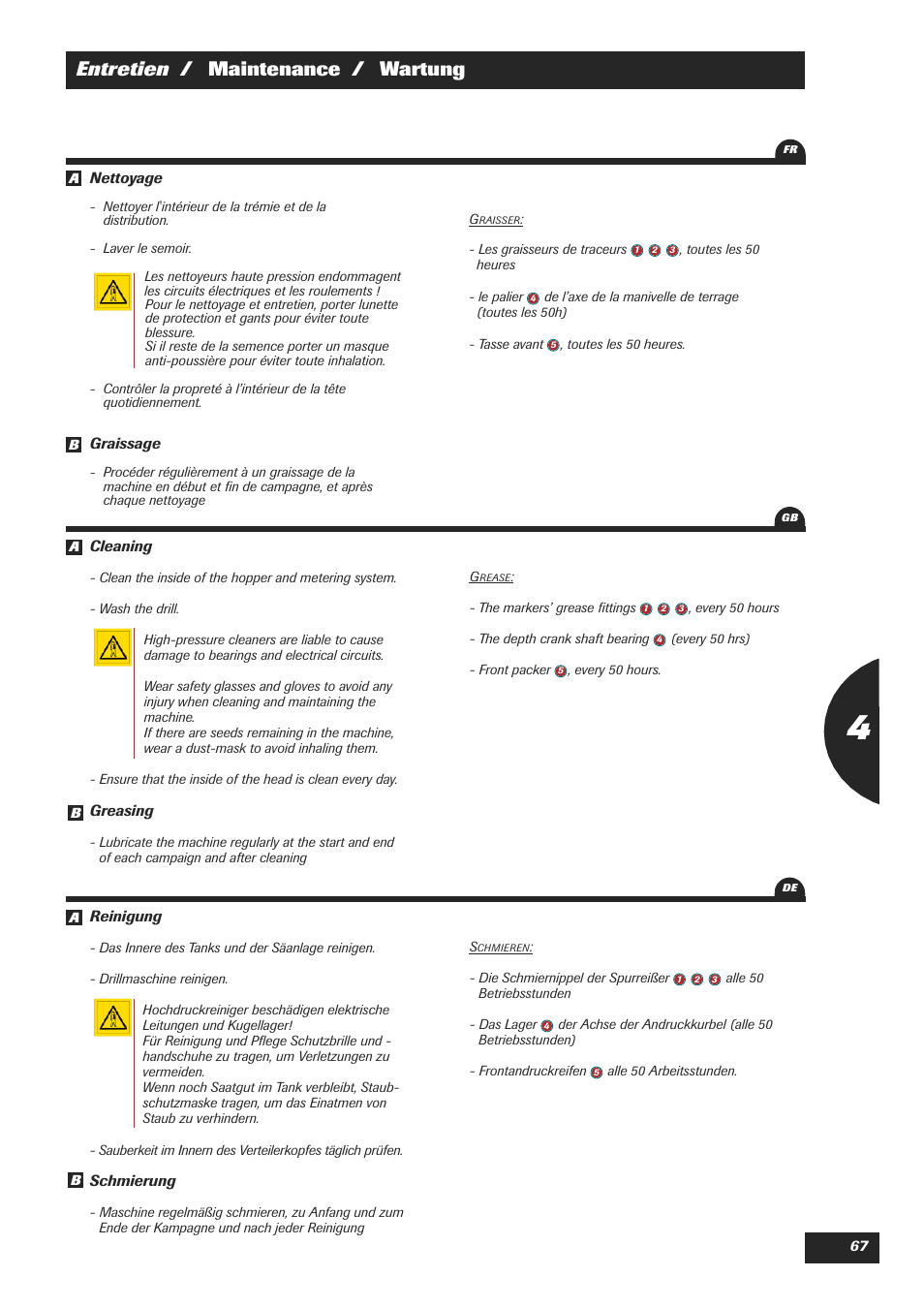 Entretien / maintenance / wartung | Sulky XEOS TF User Manual | Page 69 / 91