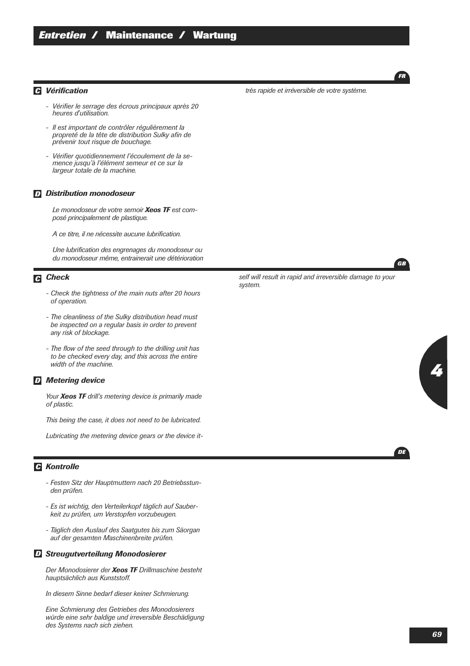 Entretien / maintenance / wartung | Sulky XEOS TF User Manual | Page 71 / 91