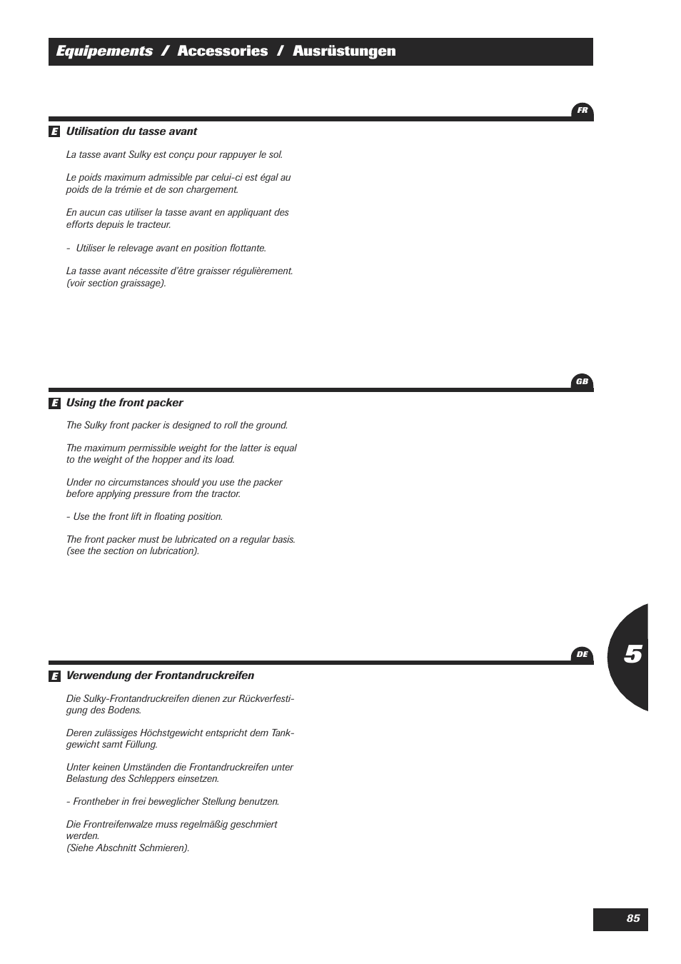 Equipements / accessories / ausrüstungen | Sulky XEOS TF User Manual | Page 87 / 91