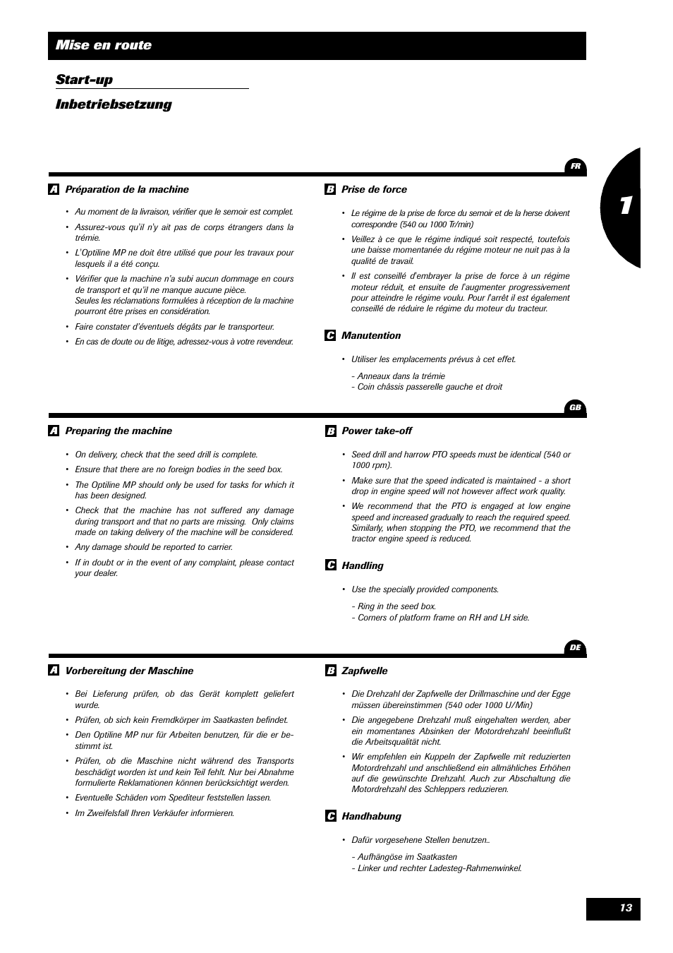 Mise en route start-up inbetriebsetzung | Sulky Optiline MP User Manual | Page 15 / 117