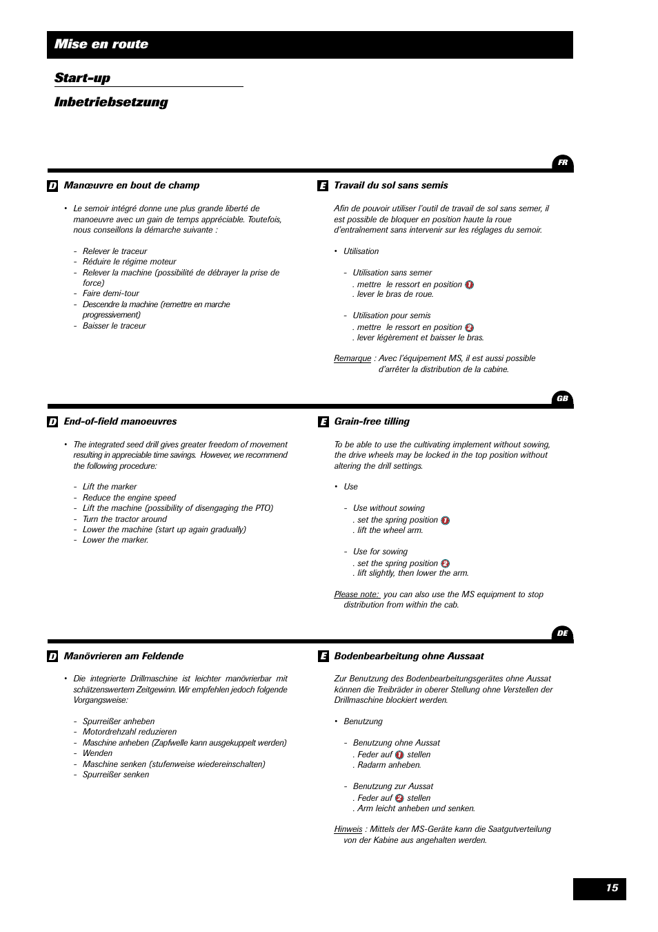 Mise en route start-up inbetriebsetzung | Sulky Optiline MP User Manual | Page 17 / 117