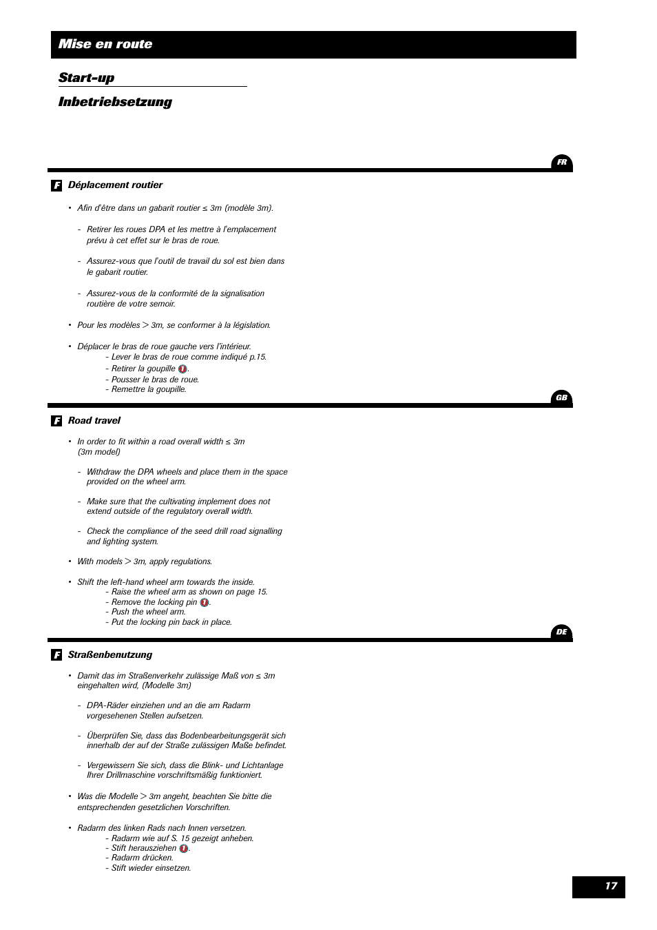 Mise en route start-up inbetriebsetzung | Sulky Optiline MP User Manual | Page 19 / 117