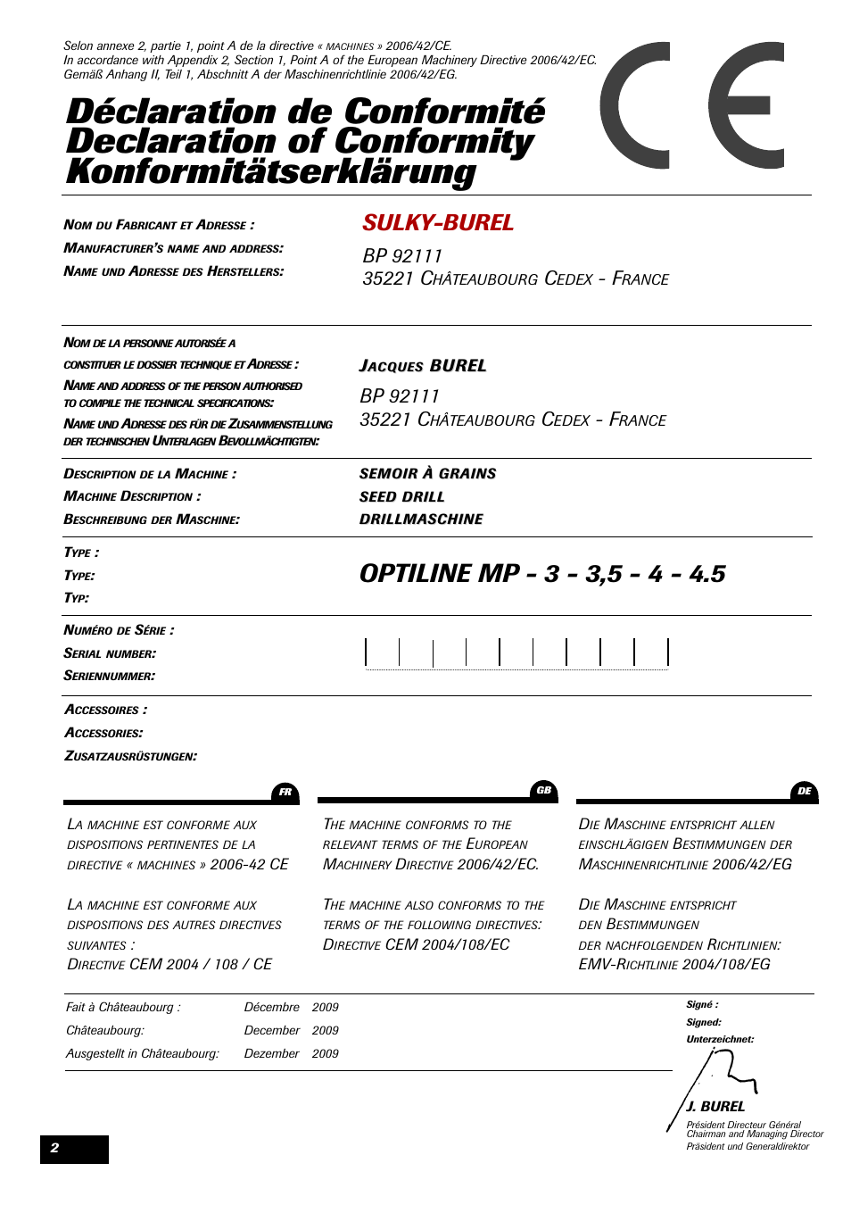 Sulky-burel, Burel | Sulky Optiline MP User Manual | Page 4 / 117
