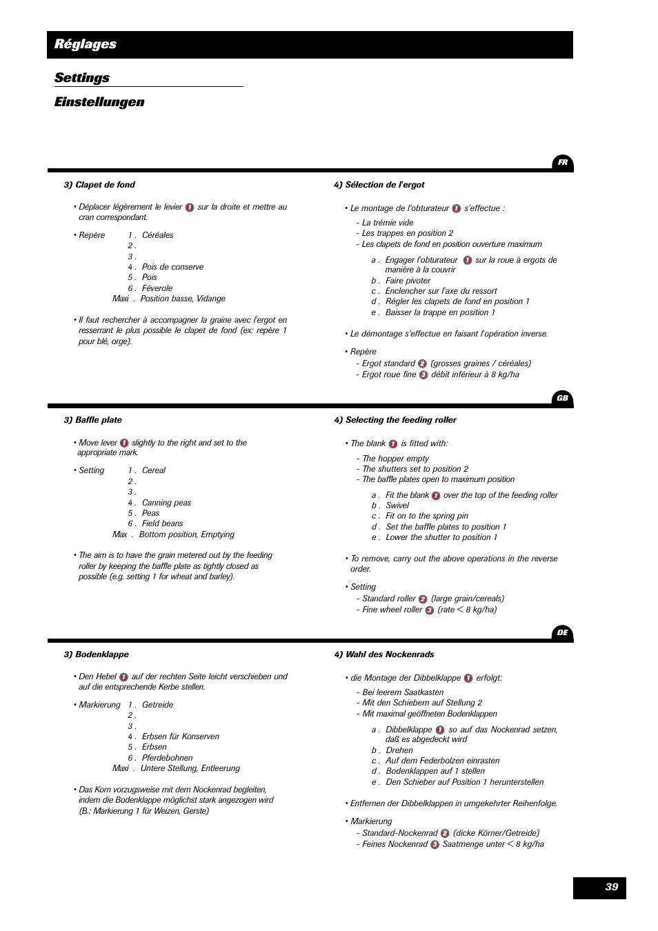 Réglages settings einstellungen | Sulky Optiline MP User Manual | Page 41 / 117