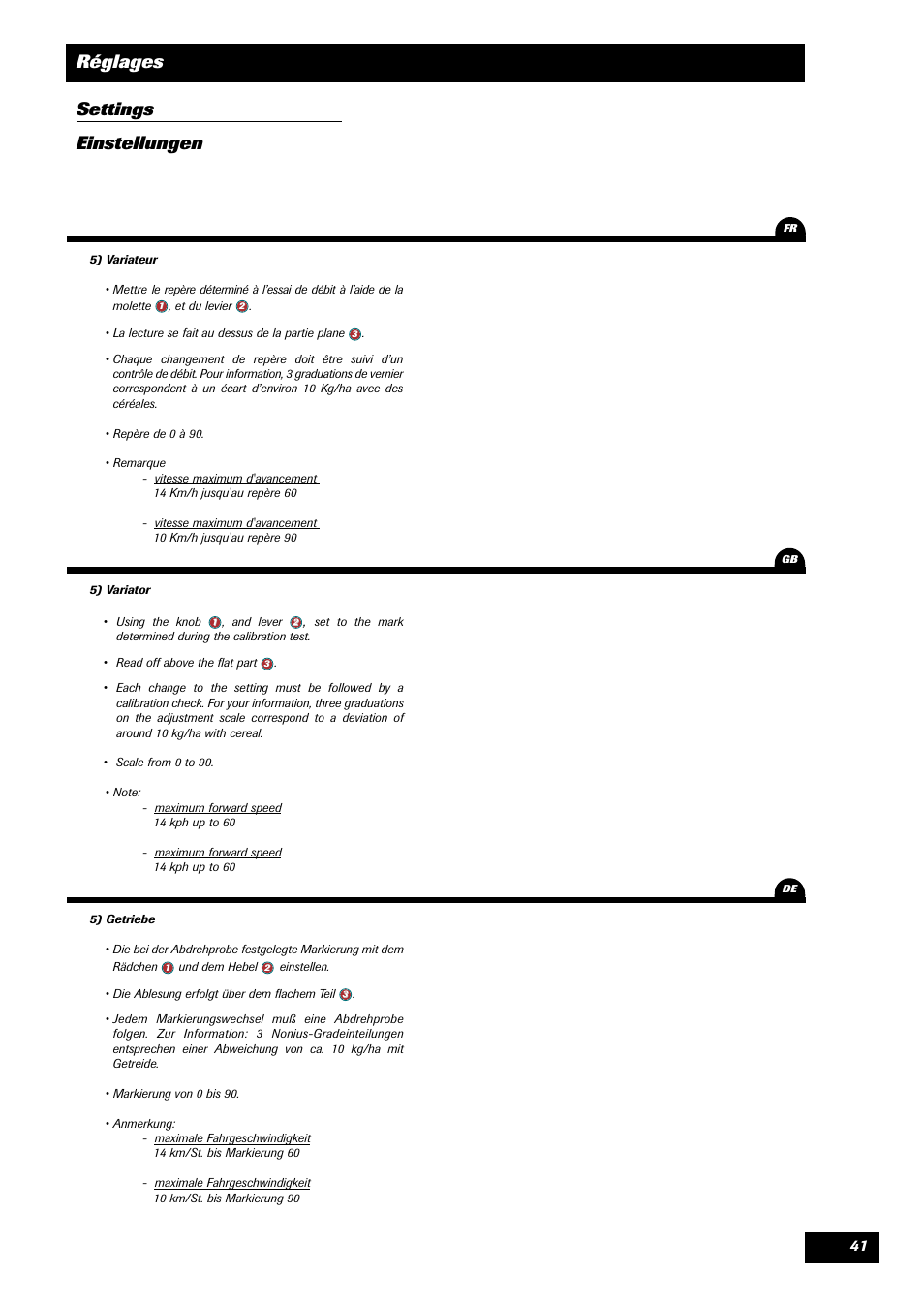 Réglages settings einstellungen | Sulky Optiline MP User Manual | Page 43 / 117