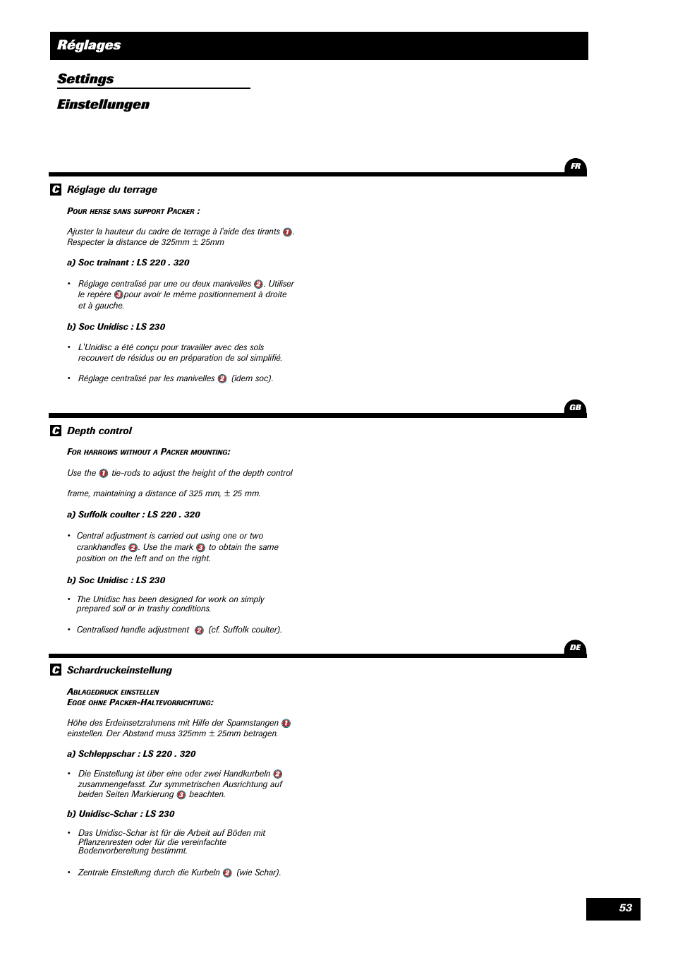 Réglages settings einstellungen | Sulky Optiline MP User Manual | Page 55 / 117
