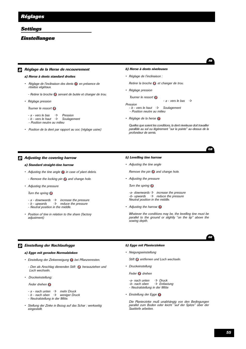 Réglages settings einstellungen | Sulky Optiline MP User Manual | Page 57 / 117