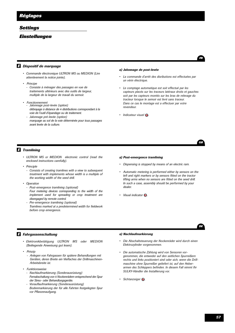 Réglages settings einstellungen | Sulky Optiline MP User Manual | Page 59 / 117