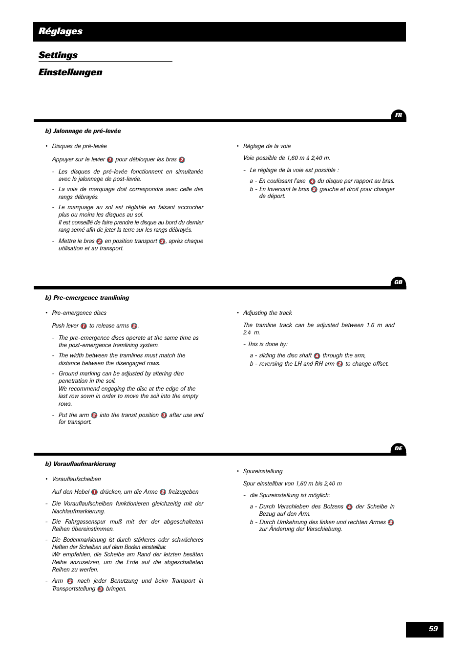 Réglages settings einstellungen | Sulky Optiline MP User Manual | Page 61 / 117