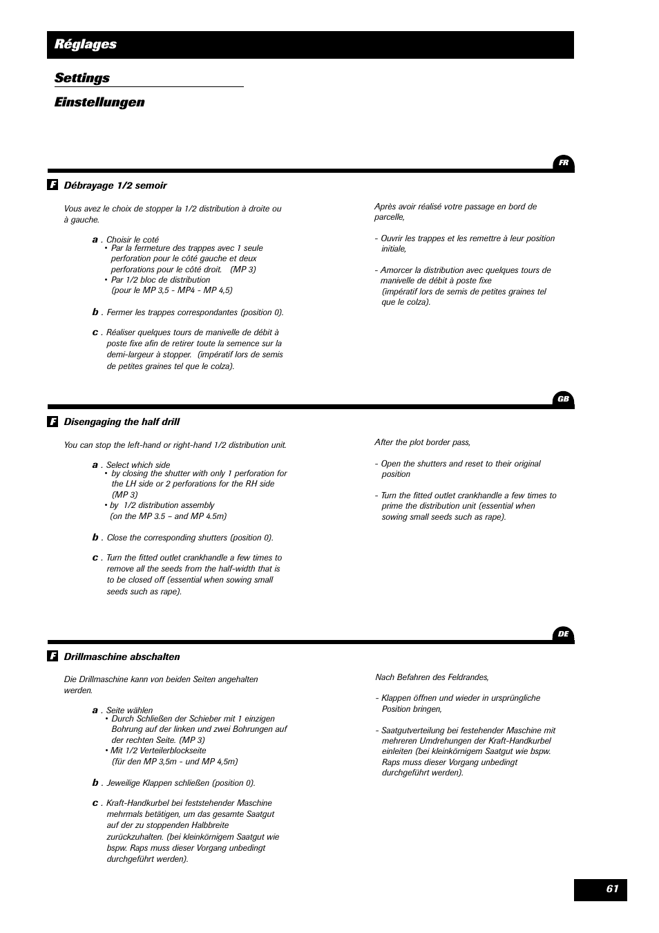 Réglages settings einstellungen | Sulky Optiline MP User Manual | Page 63 / 117