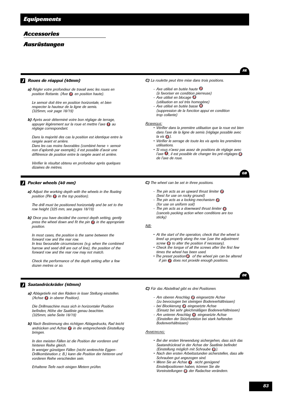 Equipements accessories ausrüstungen | Sulky Optiline MP User Manual | Page 85 / 117