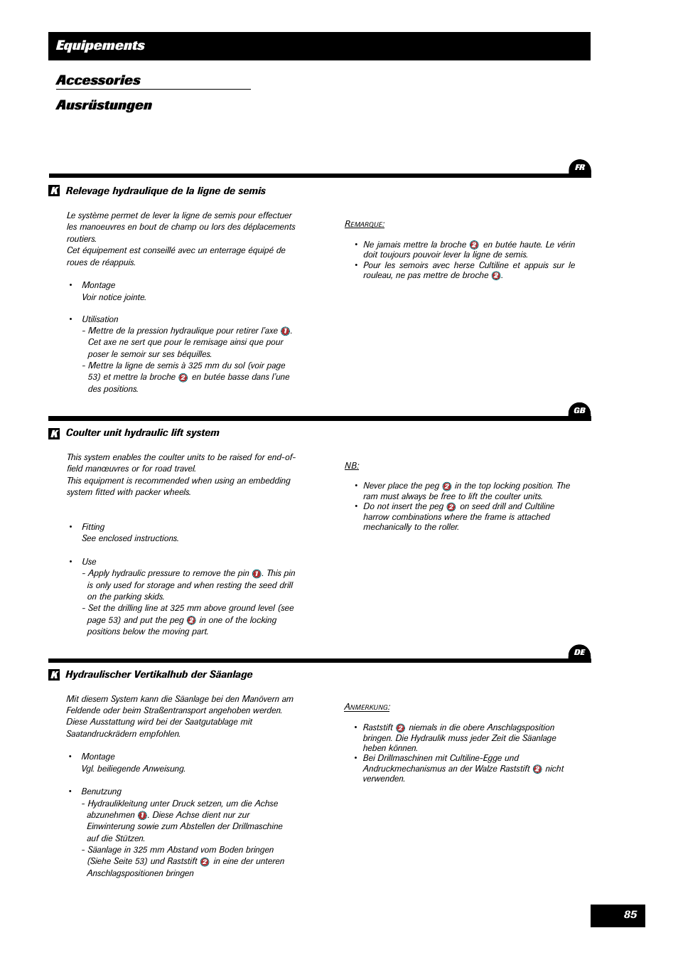 Equipements accessories ausrüstungen | Sulky Optiline MP User Manual | Page 87 / 117