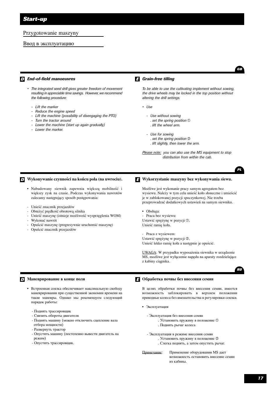 Start-up przygotowanie maszyny вод в эксплуатацию | Sulky Optiline MP User Manual | Page 18 / 119