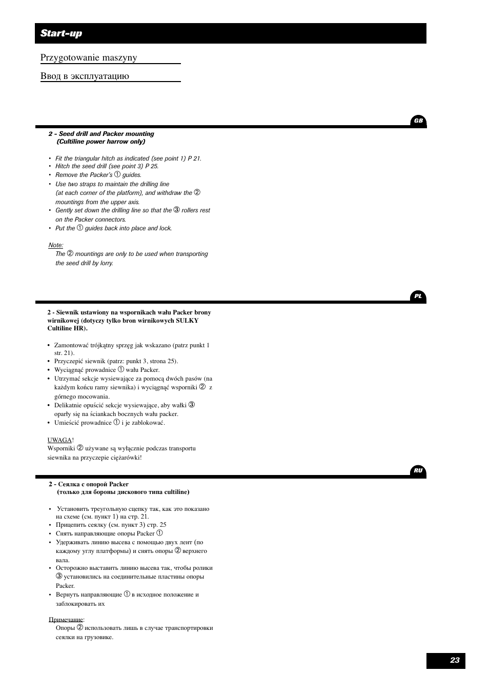 Start-up przygotowanie maszyny вод в эксплуатацию | Sulky Optiline MP User Manual | Page 24 / 119