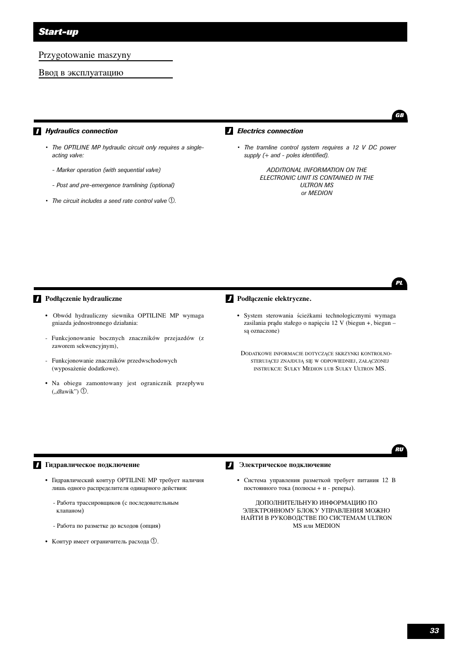 Start-up przygotowanie maszyny вод в эксплуатацию | Sulky Optiline MP User Manual | Page 34 / 119