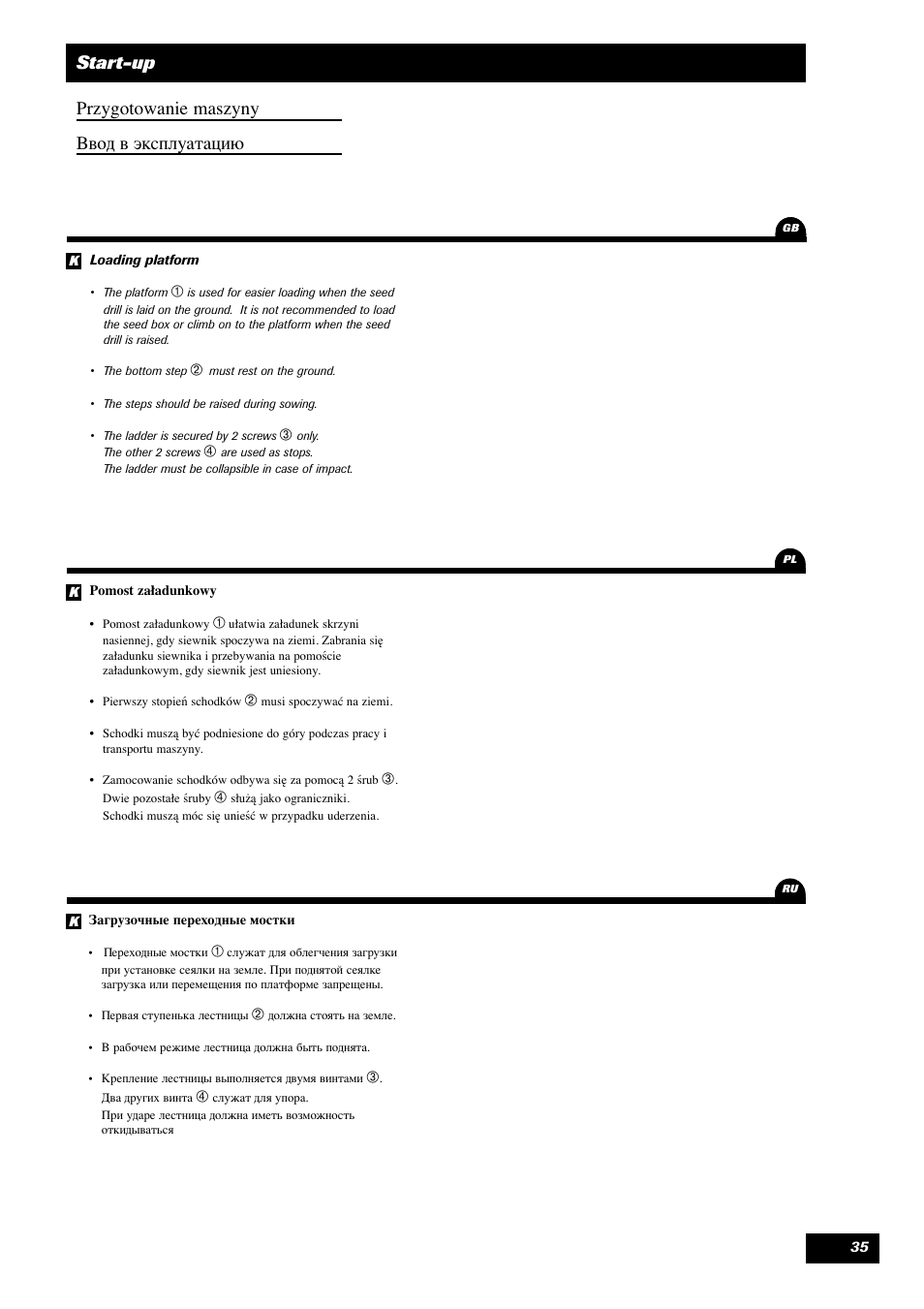 Start-up przygotowanie maszyny вод в эксплуатацию | Sulky Optiline MP User Manual | Page 36 / 119