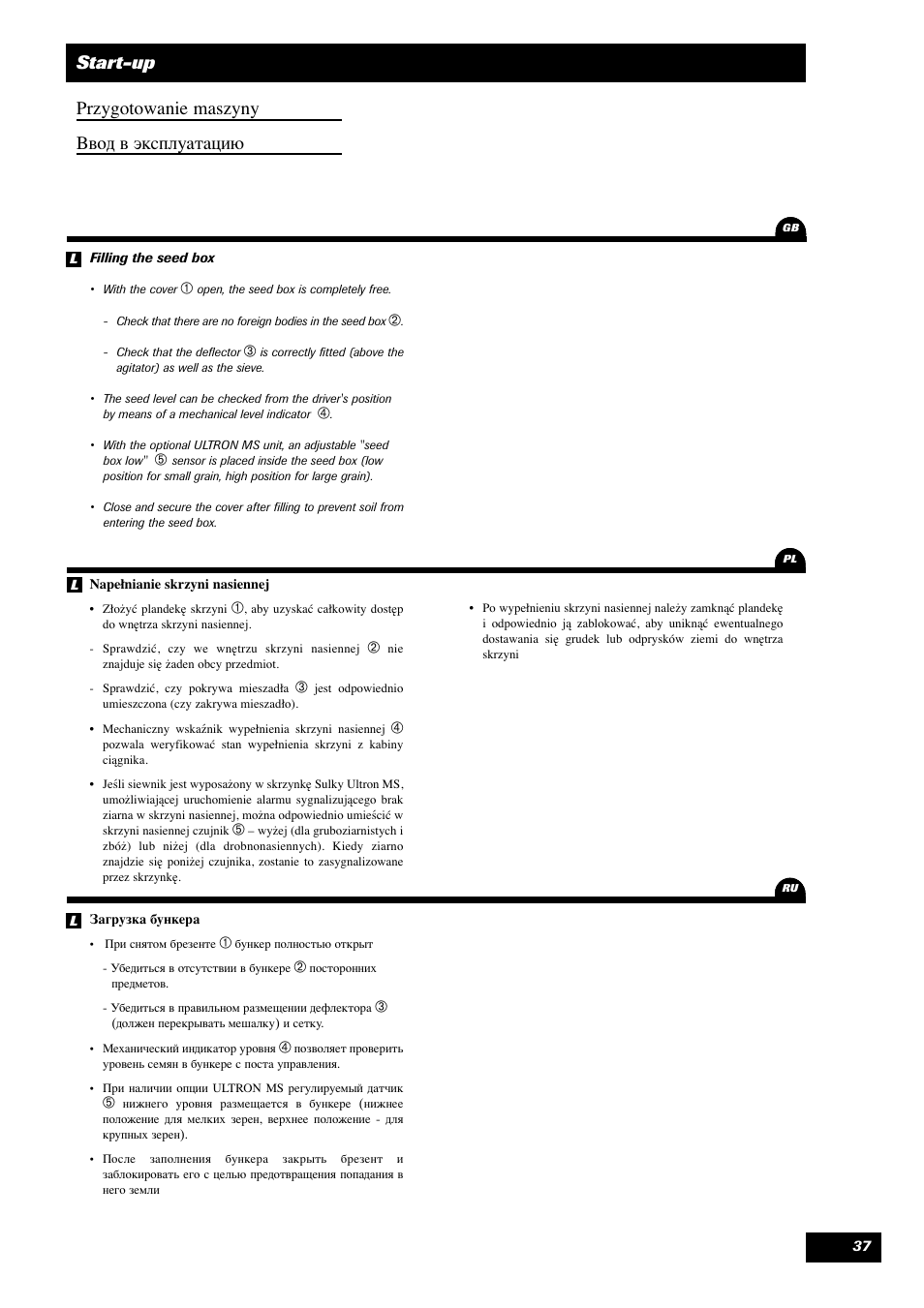 Start-up przygotowanie maszyny вод в эксплуатацию | Sulky Optiline MP User Manual | Page 38 / 119