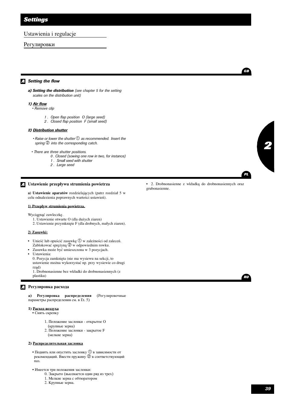 Settings ustawienia i regulacje егулировки | Sulky Optiline MP User Manual | Page 40 / 119