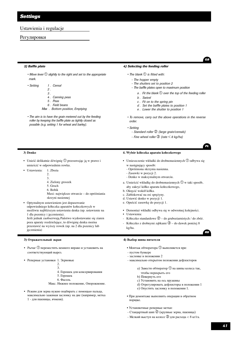 Settings ustawienia i regulacje егулировки | Sulky Optiline MP User Manual | Page 42 / 119