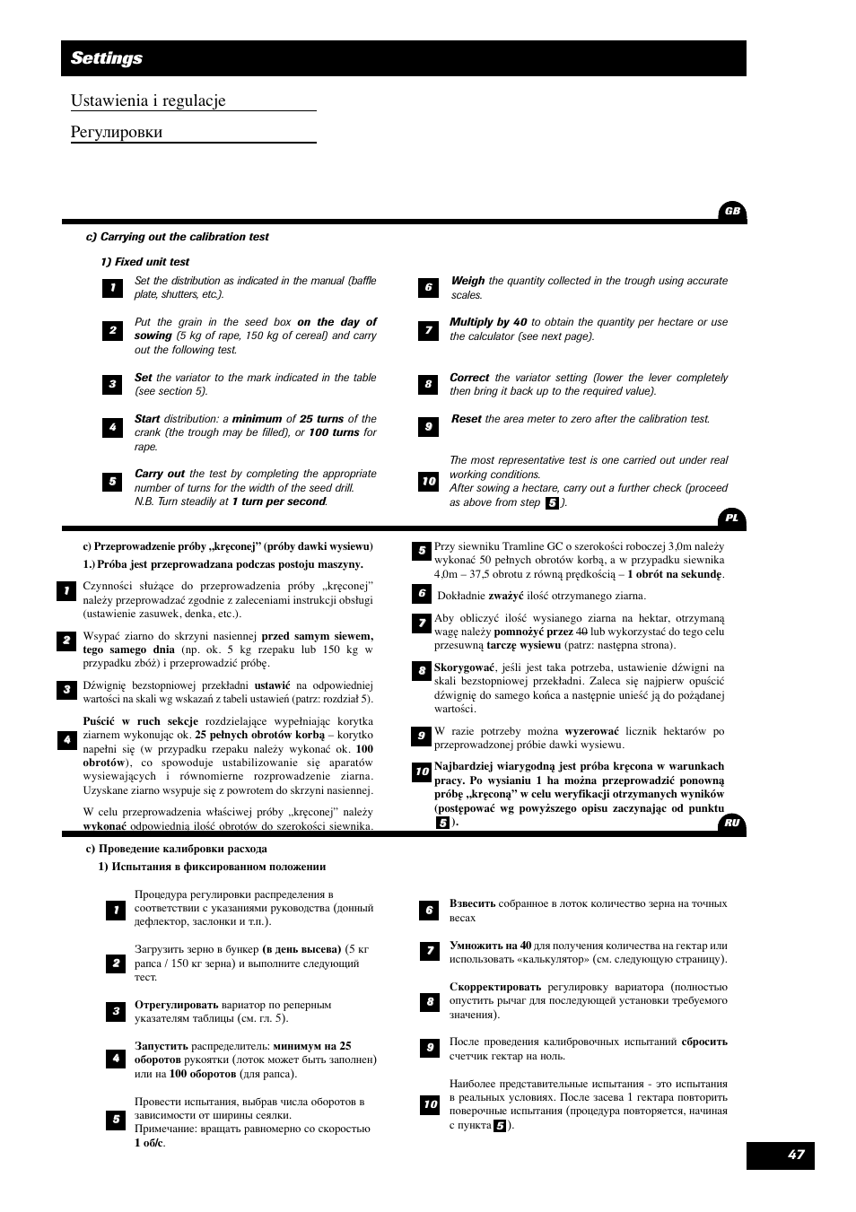 Settings ustawienia i regulacje егулировки | Sulky Optiline MP User Manual | Page 48 / 119