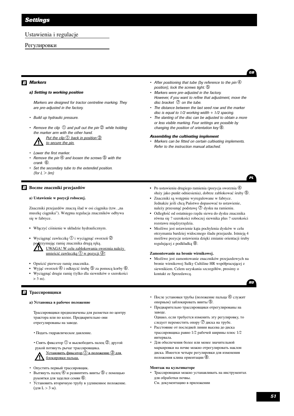 Settings ustawienia i regulacje егулировки | Sulky Optiline MP User Manual | Page 52 / 119