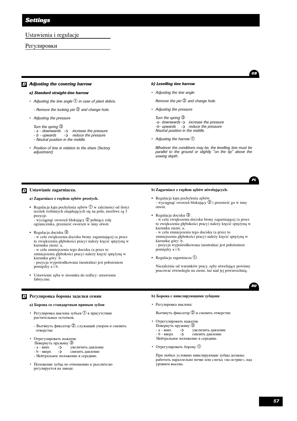 Settings ustawienia i regulacje егулировки | Sulky Optiline MP User Manual | Page 58 / 119