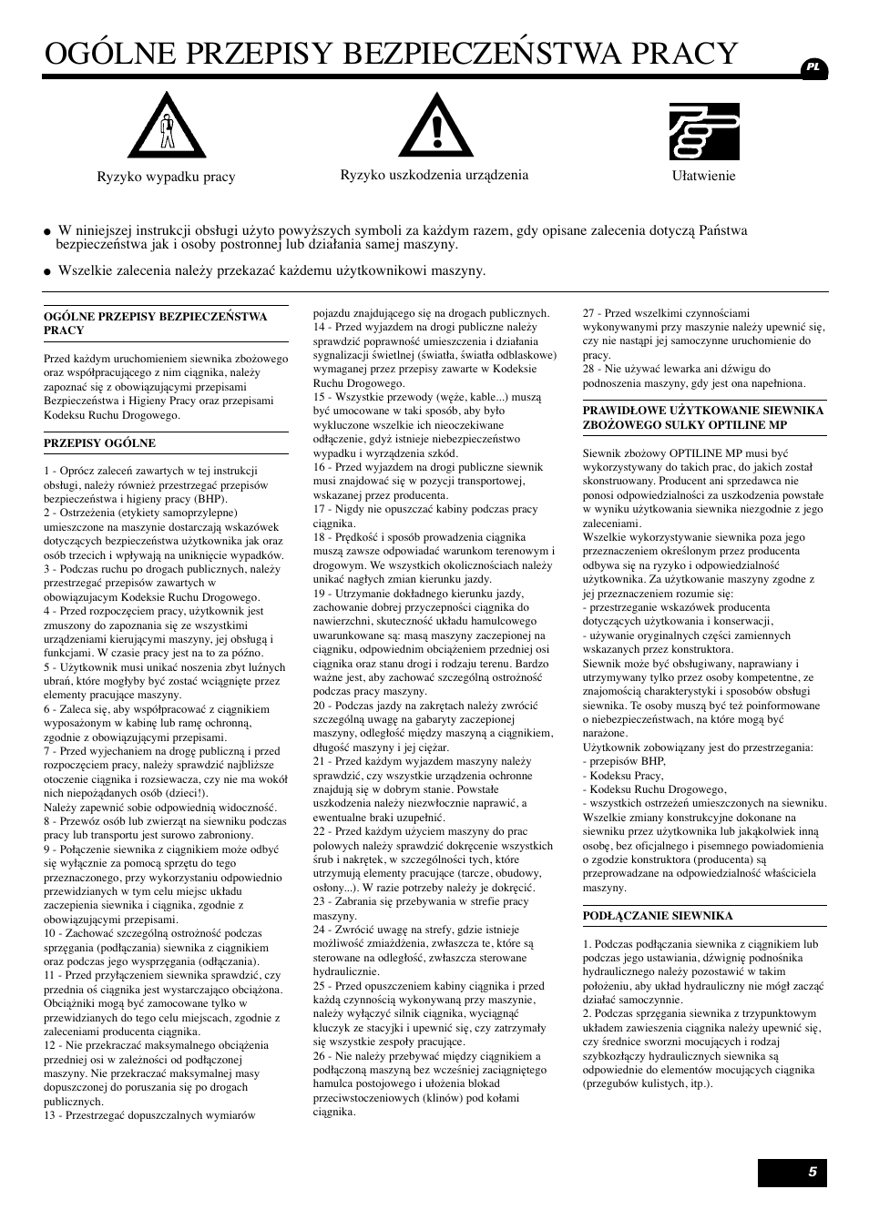 Ogólne przepisy bezpieczeństwa pracy | Sulky Optiline MP User Manual | Page 6 / 119