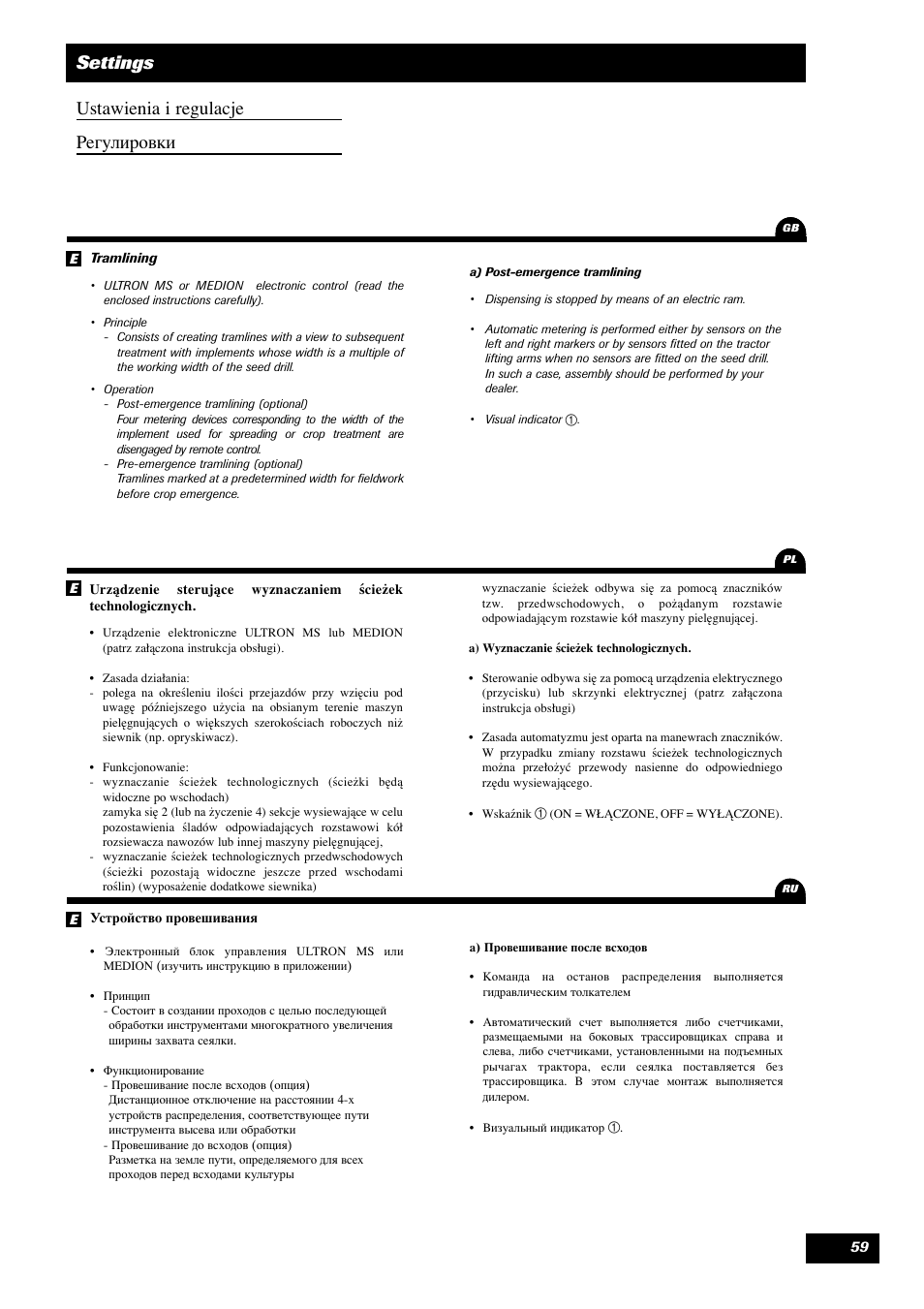 Settings ustawienia i regulacje егулировки | Sulky Optiline MP User Manual | Page 60 / 119