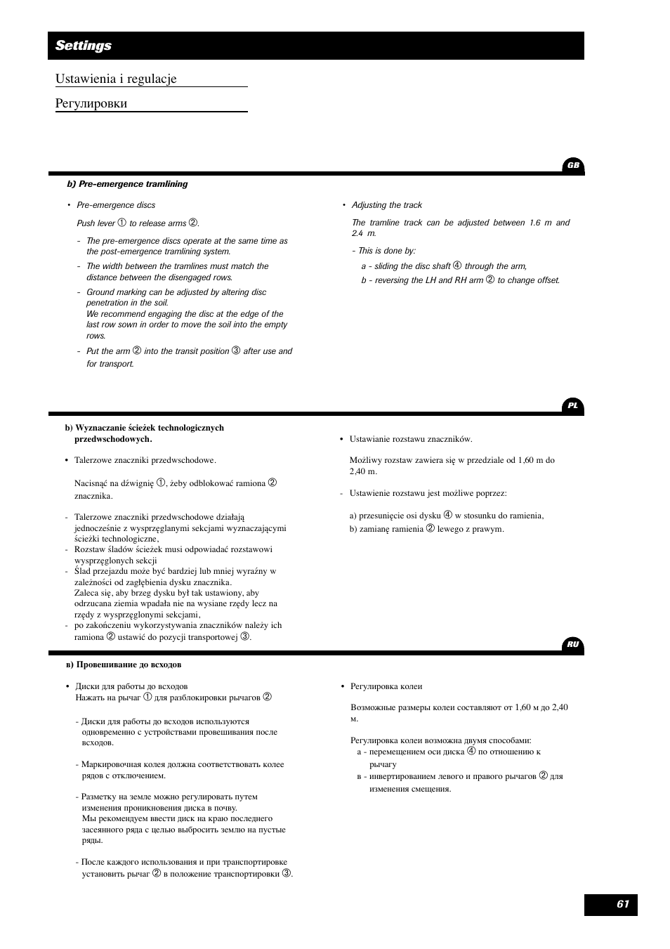 Settings ustawienia i regulacje егулировки | Sulky Optiline MP User Manual | Page 62 / 119