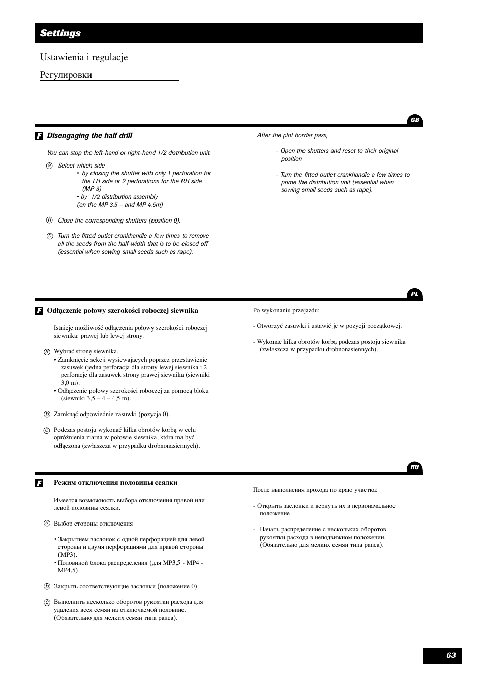 Settings ustawienia i regulacje егулировки | Sulky Optiline MP User Manual | Page 64 / 119
