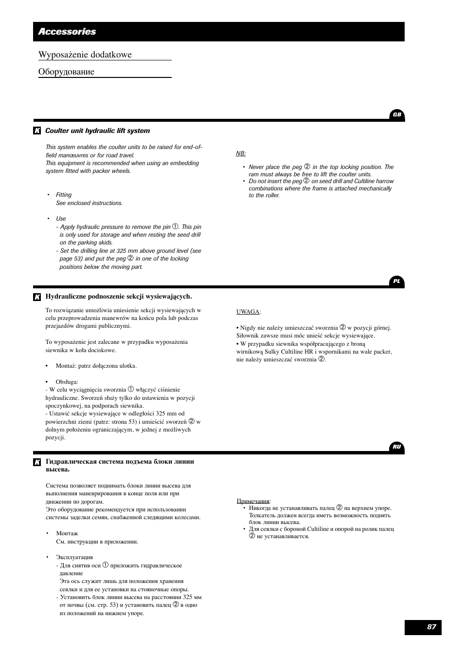 Accessories wyposażenie dodatkowe оборудование | Sulky Optiline MP User Manual | Page 88 / 119