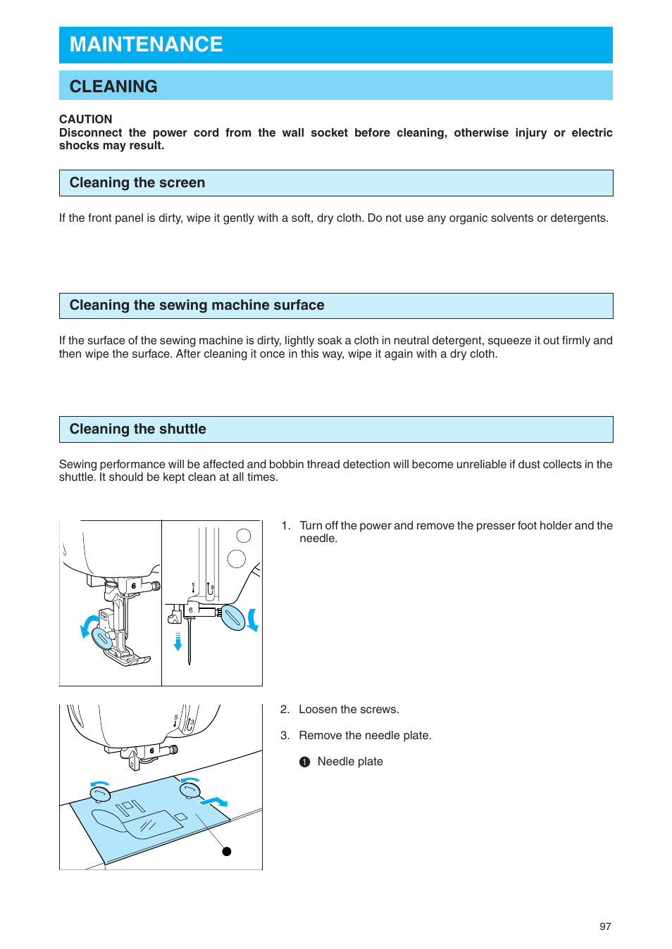 Maintenance, Cleaning | Brother PE 400D User Manual | Page 100 / 112