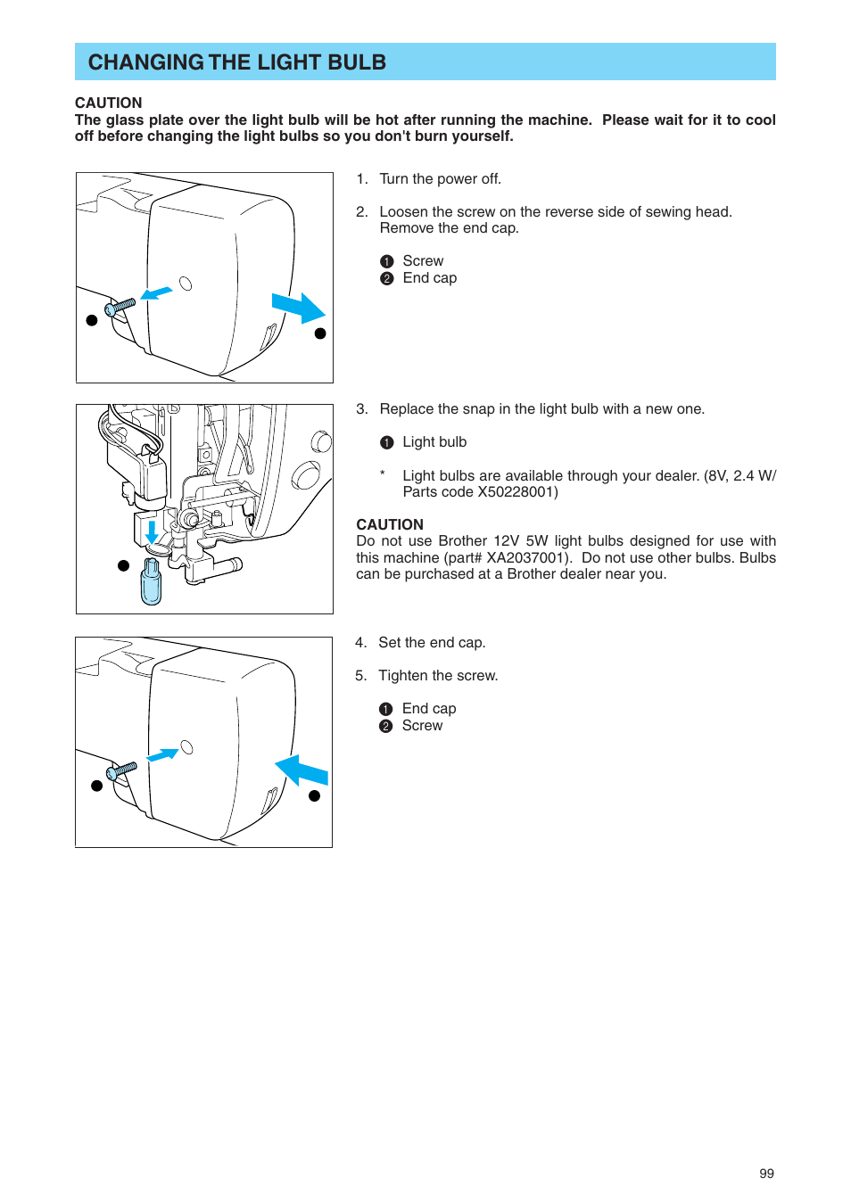 Changing the light bulb | Brother PE 400D User Manual | Page 102 / 112